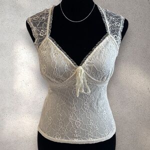 y2k cream floral lace v neck baby doll cap sleeve top small